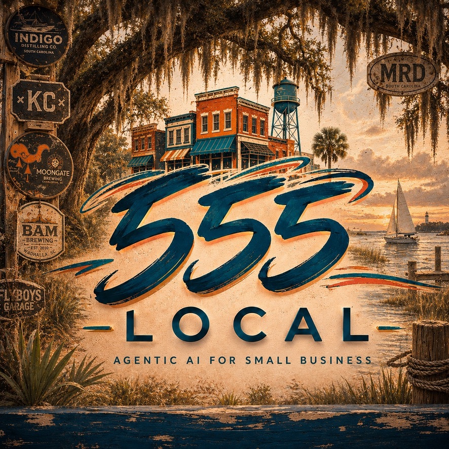 555 Local — agentic AI for small business, illustrated with Golden Isles storefronts and coastal scenery