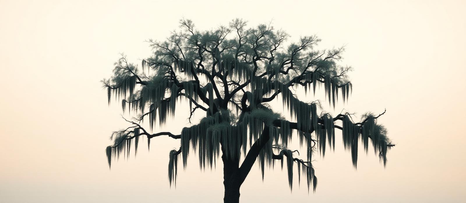 A live oak with Spanish moss against a pale sky