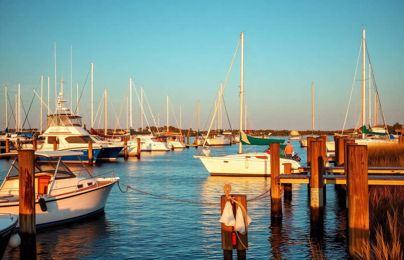 Boats at a Golden Isles marina at golden hour